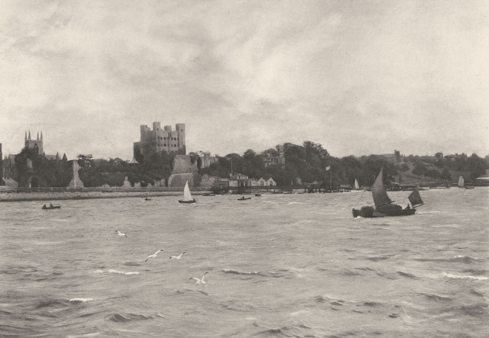 KENT. The Medway at Rochester with the Castle and the Cathedral 1901 old print